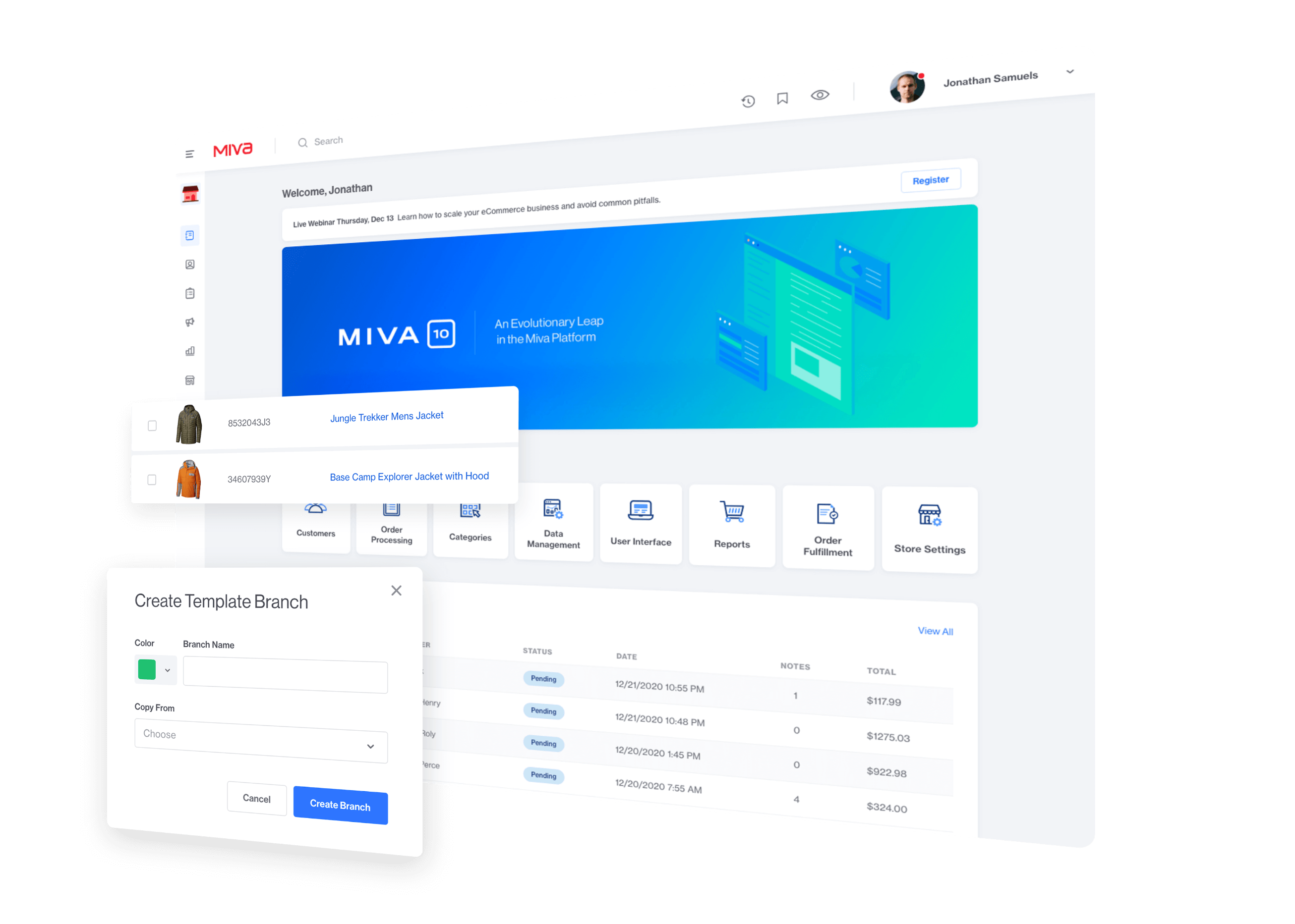 Screenshots of the new Miva admin, with Product List and Create Template dialogs popped out.
