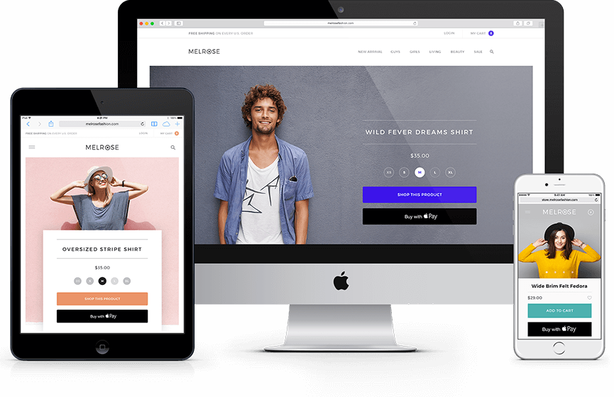 Screenshot of a shirt's product page, displayed on a desktop, tablet, and phone.