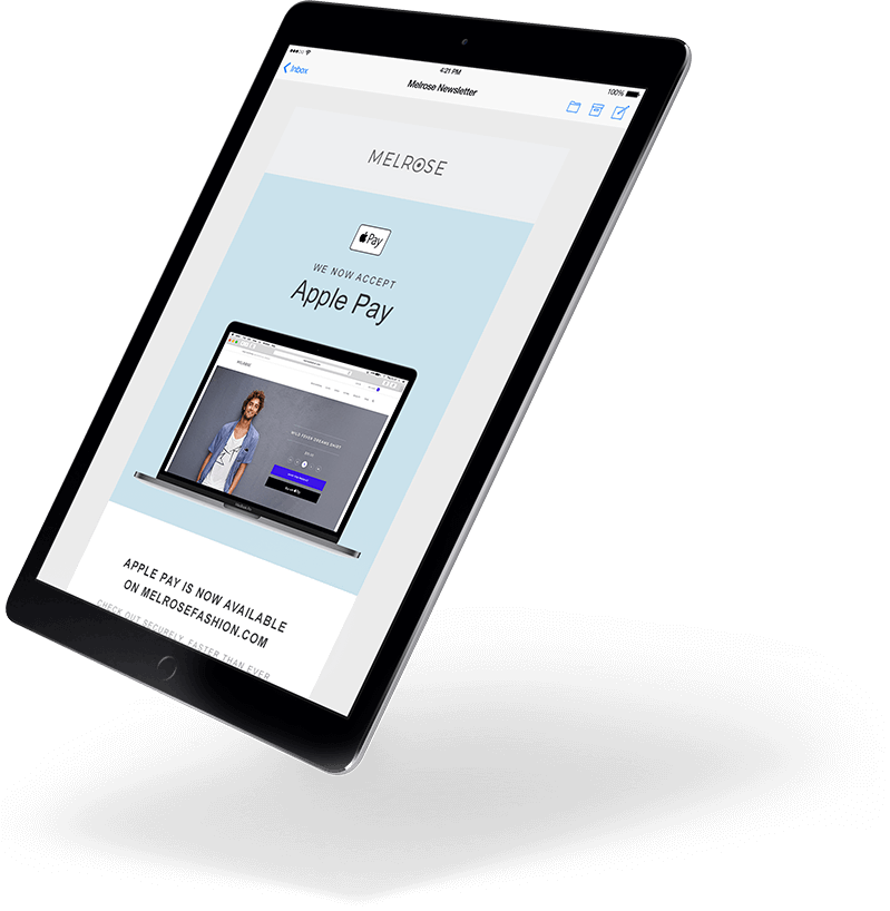 Tablet with an Apple Pay accepted page displayed.