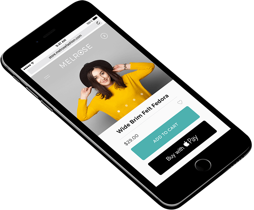 Mobile device with a product page for a fedora displayed, with an Apple Pay button under Add To Cart.