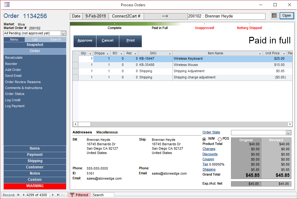 Screenshot of individual order within Stone Edge admin.