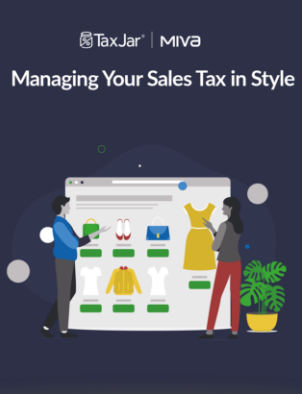 Illustration of two people looking at a website the size of a wall and the text Managing Your Sales Tax in Style.